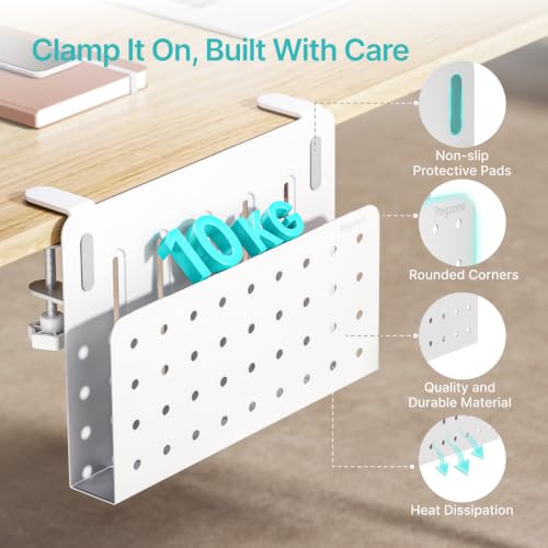 PEGZONE Desk Side Storage Organizer, No Drill Under Desk Laptop Holder, Clamp on Desks Shelf with Pegboard Accessories, Hanging Laptop Mount, Fits Flat Edge 0.4" to 2.2", White | No Drill Under Desk Laptop Holder, Clamp on Desks Shelf with Pegboard Access