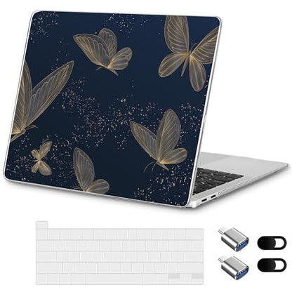 Designed for MacBook Pro 13.3 inch Case 2023-2016 A2338 A2251 A2289 A2159 A1989 A1708 A1706, Ultra-Thin Hard Shell Case with Keyboard Cover & USB Adapter & Webcam Cover, Butterflies in Golden - color: Butterflies in Golden