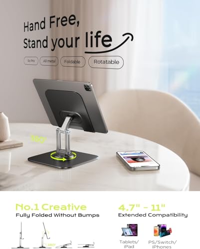 LISEN for iPad Stand Holder All Metal Foldable Adjust Tablet Stand for Desk | 2026 iPad Accessories, Rotating Display Stand Home Office Men Gifts Kindle Tablet PS Switch iPhone 11"-4.7" - color: Black