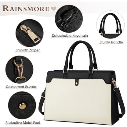 RAINSMORE Laptop Bag for Women 15.6 Inch Laptop Tote Bag Leather Work Bag Waterproof Womens Briefcase Business Office Computer Tote Large Capacity Handbag, Beige and Black - color: Beige and Black