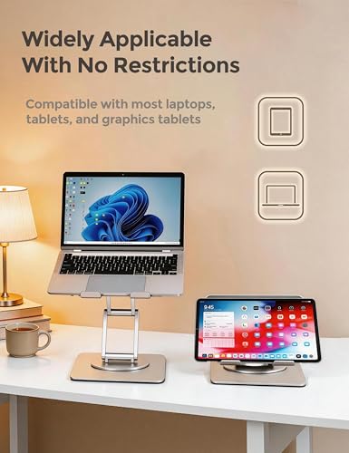 Laptop Stand, Dual-Axis Height Adjustable Ergonomic 360° Swivel | Anti-wobble carbon steel base, aluminum arm, 9.8" sit-to-stand height, hollow cooling panel, fits 10-17" MacBook & notebooks