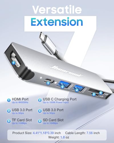 Hiearcool USB C Hub, 7-in-1 USB C Dongle for MacBook, HDMI, PD, Sliver - color: 7in1-Sliver White