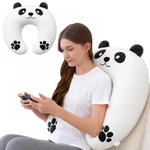 Lap Pillow, Cute Panda Crochet Pillow for Knitting, Crafting, Gaming, Reading and Phone Use on Bed, Sofa or Chair, U-Shaped Wrap Around Arm Support Cushion and Neck Pillow - color: Black & White Panda