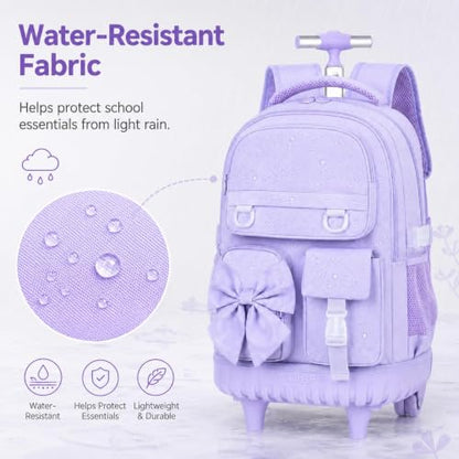 3Pcs Rolling Backpack for Girls Women, School Kids Roller Bookbag with Wheels, Wheeled Backpacks Set for Elementary (Purple) - color: Bow Purple