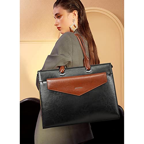 BOSTANTEN Briefcase for Women Laptop Tote 15.6 Inch Genuine Leather Handbag Work Bag Beige - color: D-black&brown