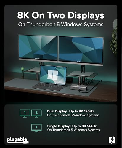 Plugable Thunderbolt 5 Docking Station for MacBook Pro and Windows, 140W Charging, Dual 6K@60Hz Mac, Dual 8K Windows, 80/120Gbps, 3X Thunderbolt 5 Ports, 2.5GbE, Driverless (TBT-UDT3)