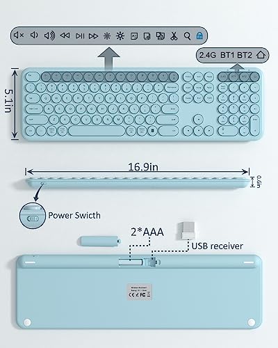 Silent Wireless Keyboard, Bluetooth/2.4G Dual-Mode (Blue) | scissor-switch, ful-size office, slim profile with round keycaps, and compatibility with Windows, Mac, and PC - color: Blue Keyboard