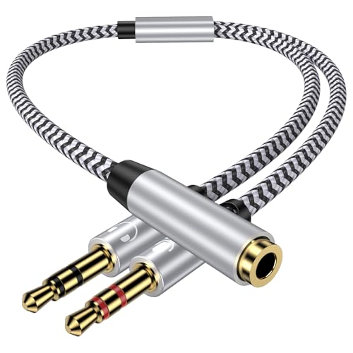Headphone Splitter Cable for Computer,Braided 3.5mm Mic Cable Female to 2 Dual Male Headset Microphone Y Splitter Cable Mic Audio Stereo Jack Adapter to PC Laptop/Gaming Speaker - color: White