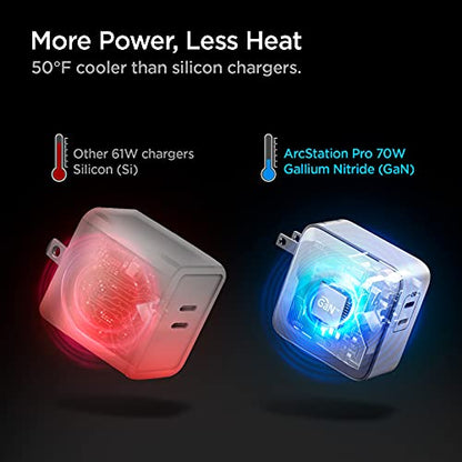 Spigen 70W Dual USB-C Wall Charger, GaN II | Fast Charging 60W Single Port PD, for MacBook Pro/Air, iPad, Dell XPS, iPhone - White