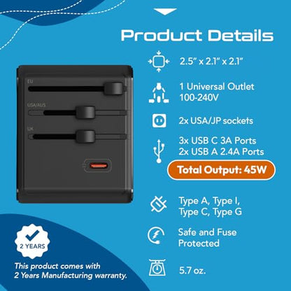 Ceptics 8 in 1 Universal Travel Adapter for EU, UK, US, AU and More, World Travel Adapter, 2X US Socket, Universal Socket, 3X USB-C and 2X USB-A, 45W Fast Charge – UP-45KU-BL - color: Black