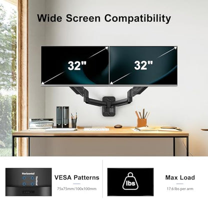 HUANUO Gaming Dual Monitor Wall Mount for 17-32 Inch Computer Screen Mount (4.4-17.6lbs Per Arm) - VESA 75x75/100x100 Height Adjustable Stand for Dual Monitors - Home Office Desk Setup