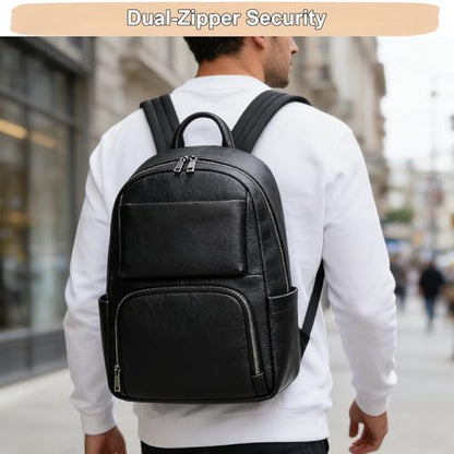 Genuine Leather 15.6 Inch Laptop Backpack for Men, Multi Pocket Casual Daypack Shoulder Bag for Business Travel Outdoor, Black - color: Black