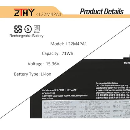L22C4PA1 L22M4PA1 Battery for Lenovo Yoga 7 14IRL8 14ARP8 16IRL8 16ARP8 | For Yoga 7 2-in-1 14IML9 14AHP9 16IML9 16AHP9 Series Laptop L22D4PA1 5B11K38966 SB11K38964 15.36V 71Wh 4623mAh 4-Cell - size: 11.10*3.58*0.23inch L22M4PA1