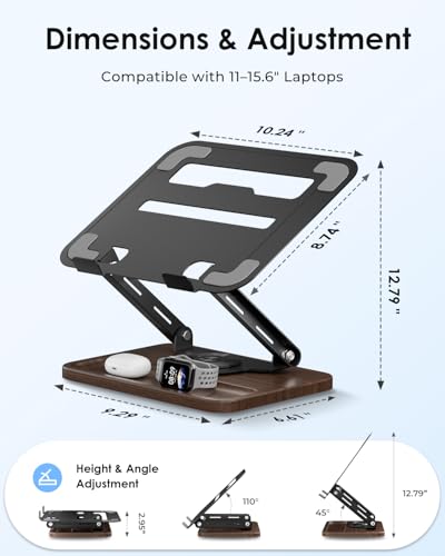 Viozon Laptop Stand for Desk, Adjustable Laptop Desk Stand with Wood Base Storage, 360° Rotating Swivel Computer Stand for Laptop, Ventilated Cooling Desktop Holder Fits up to 15.6" Notebooks/Laptops