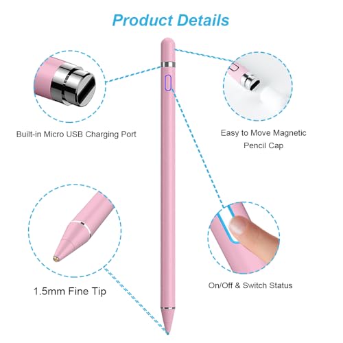 Active Stylus Pen for Touchscreen, iPad Pencil 1.5mm Fine Point Pen, Digital Pens Rechargeable for Tablet, Stylus Pens Compatible with iPad Air/Mini/Pro/Android/iPhone and Most Device - Pink - color: Pink