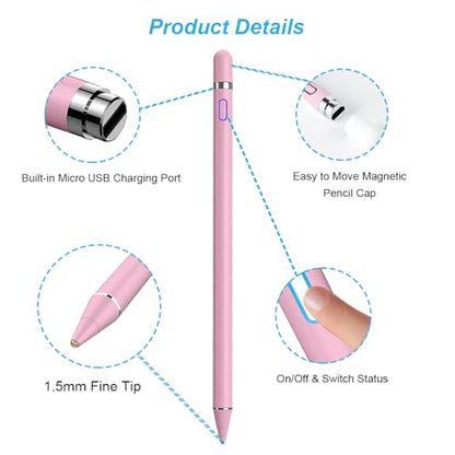 Active Stylus Pen for Touchscreen, iPad Pencil 1.5mm Fine Point Pen, Digital Pens Rechargeable for Tablet, Stylus Pens Compatible with iPad Air/Mini/Pro/Android/iPhone and Most Device - Pink - color: Pink