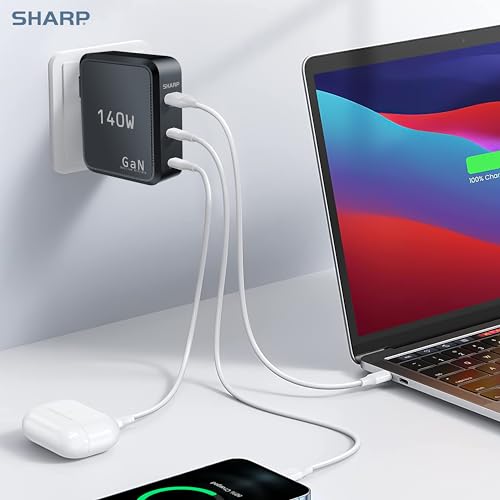 Sharp 140W USB C Charger, Compact Foldable GaN Fast Charge 3-Port (2 USB-C, 1 USB-A), Compact Foldable Wall Charger for MacBook Pro/Air, iPad Pro, iPhone 15/Pro, Galaxy S22/S21, Dell XPS, Black - color: Black