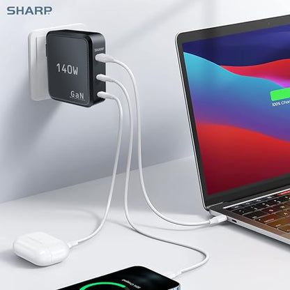 Sharp 140W USB C Charger, Compact Foldable GaN Fast Charge 3-Port (2 USB-C, 1 USB-A), Compact Foldable Wall Charger for MacBook Pro/Air, iPad Pro, iPhone 15/Pro, Galaxy S22/S21, Dell XPS, Black - color: Black