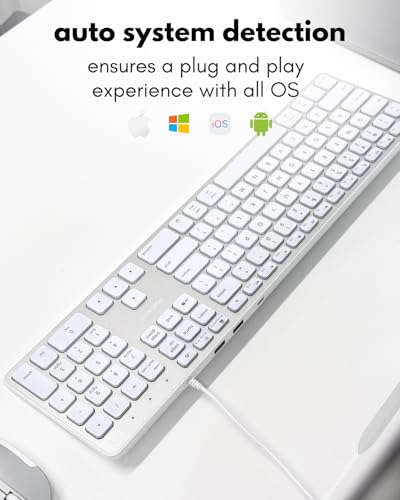 Macally Wired Keyboard for Mac with USB Hub (2X USB-A / 1x USB-C) - Compatible Backlit Apple Keyboard with Dual Interface - Auto OS Detection for Mac, MacBook, iMac, PC, Android, iPad, iOS - Silver - color: Silver