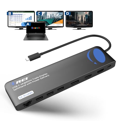 OREI USB C Docking Station Triple Monitor (MST, No Drivers, Windows) 3 Monitor Dock with 4K@60Hz 4:4:4 - SplitXtend Laptop Dock with 2 HDMI & DisplayPort, 85W PD, Ethernet, USB, SD/TF - color: Carbon Black