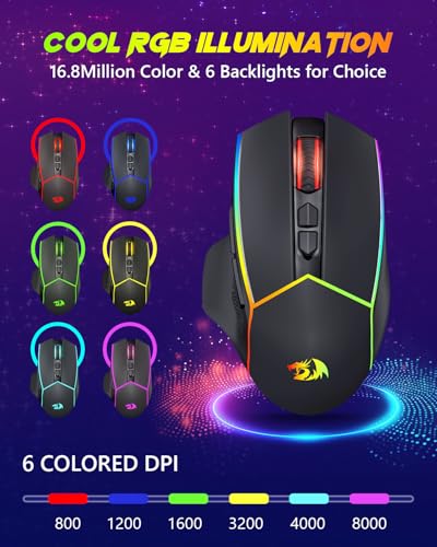 Redragon Wireless Gaming Mouse, Tri-Mode 2.4G/Bluetooth/USB-C, 7 Programmable Buttons, Tactile Rapid Fire Key, 8000 DPI RGB Ergonomic Mouse for PC Windows Gaming & Work, M814 - color: Black