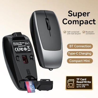 Wireless Mouse Mini Small Finger Bluetooth Mouse with TF Card Reader,Silent Pocket Portable Handheld Tiny Compact USB Travel Optical Mice for PC Laptop Computer Macbook Tablet Kids Women Men Gift - color: Black