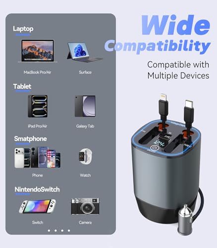 120W 4-in-1 Fast Car Charger - Retractable Cable Station with Digital Display, 100W Type-C & Lightning Coils, Universal for All 12V-24V Cigarette Lighter Vehicles