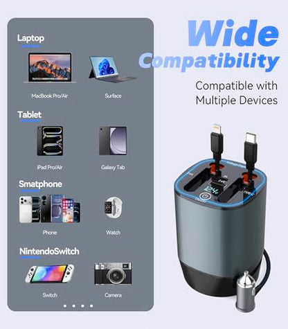 120W 4-in-1 Fast Car Charger - Retractable Cable Station with Digital Display, 100W Type-C & Lightning Coils, Universal for All 12V-24V Cigarette Lighter Vehicles