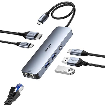 BENFEI 6-in-1 USB C Hub with HDMI(4K@60Hz), 2 USB-A, 1 USB-C Data, 100W Charge, Gigabit Ethernet, Silicone Tangle-Free Cable Compatible with MacBook Pro/Air, iPad Pro, iMac, iPhone 15 Pro/Pro Max - style: 2A1C(6in1)