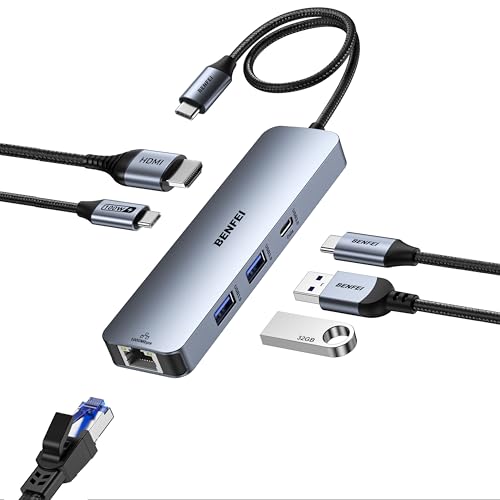 BENFEI 6-in-1 USB C Hub with HDMI(4K@60Hz), 2 USB-A, 1 USB-C Data, 100W Charge, Gigabit Ethernet, Silicone Tangle-Free Cable Compatible with MacBook Pro/Air, iPad Pro, iMac, iPhone 15 Pro/Pro Max - style: 2A1C(6in1)