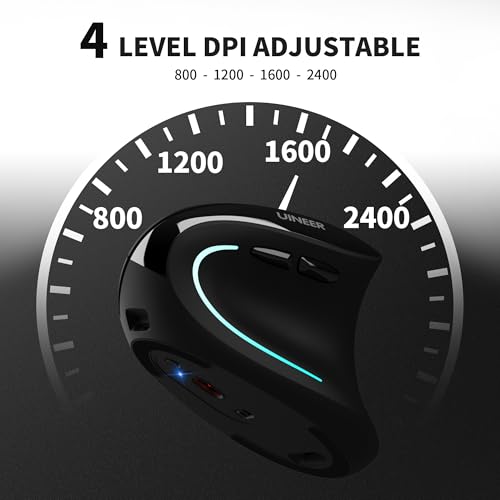 Uineer Ergonomic Wireless Vertical Mouse, 3-Mode Bluetooth 5.0/4.0 & 2.4GHz | Rechargeable, USB-A Receiver, Silent Computer Mouse for Laptop, Mac, iPad and PC, 4 DPI Levels, LED Light, 3-Device Switching
