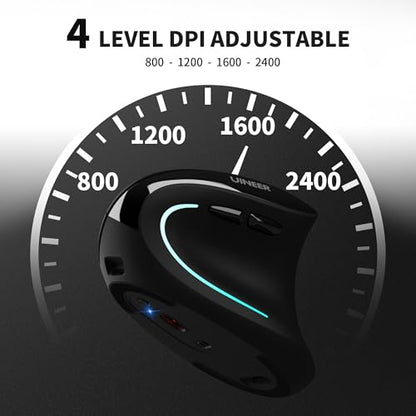 Uineer Ergonomic Wireless Vertical Mouse, 3-Mode Bluetooth 5.0/4.0 & 2.4GHz | Rechargeable, USB-A Receiver, Silent Computer Mouse for Laptop, Mac, iPad and PC, 4 DPI Levels, LED Light, 3-Device Switching