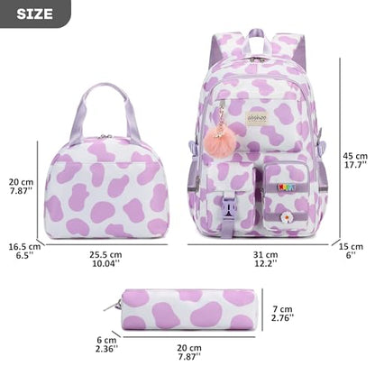 abshoo School Backpack for Girls Bookbag with Lunch Bag Teen Girls School Bag Travel Daypack (Cow Print Purple) - color: Cow Print Purple