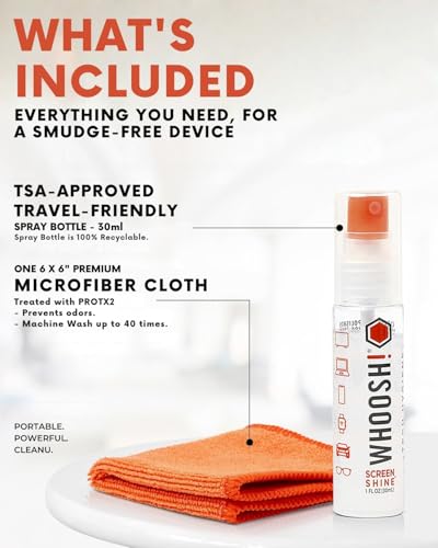 Whoosh Screen Shine Go Refillable Screen Cleaner Kit, 1 fl oz | TSA Approved for Travel, Streak Free Finish, For MacBook, Phone and Eyeglasses, Microfiber Cloth Included - size: 1 fl oz (Pack of 1)