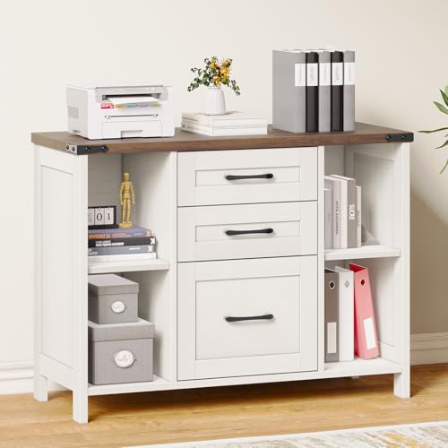 Farmhouse Lateral File Cabinet with 3 Drawers and Shelves, Rustic White | Halitaa Lateral Filing Cabinet Fits Letter or A4 Size, Wood Printer Stand with Open Storage Adjustable Shelf for Home Office - color: White