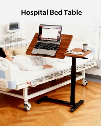 Overbed Table with Wheels, Pneumatic Lift, Foldable Top (Brown) | 0-70° Tilt Desktop Bedside Table, Hidden Casters,1.18 In Low-Profile Base Slides Under Beds and Sofas, Holds 88 Lbs - color: Brown