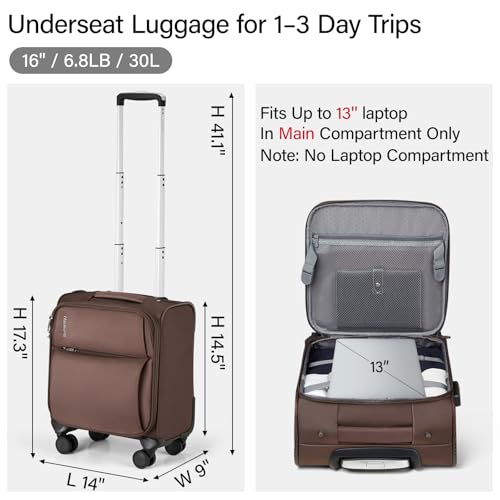 Hanke 16 Inch Underseat Carry On Luggage with Spinner Wheels for Airline, Small Softside TSA Approved Luggage Lightweight Rolling Suitcases Under Seat Travel Carry-On Bag(Coffee) - color: Coffee, size: 16 Inch Underseat