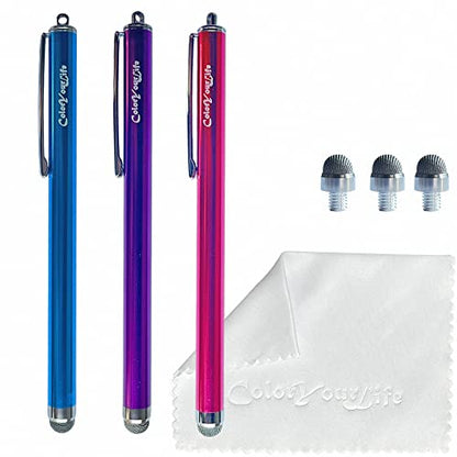 3-Pack 5.3'' Micro-Knit Mesh Tip Capacitive Stylus Pens for Touch Screens with Replaceable Fiber Tips, Universal Stylus Pens and Cleaning Cloth (Hot Pink, Light Blue, Purple) - color: Hot Pink, Light Blue, Purple