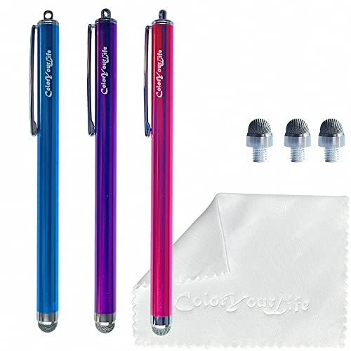 3-Pack 5.3'' Micro-Knit Mesh Tip Capacitive Stylus Pens for Touch Screens with Replaceable Fiber Tips, Universal Stylus Pens and Cleaning Cloth (Hot Pink, Light Blue, Purple) - color: Hot Pink, Light Blue, Purple