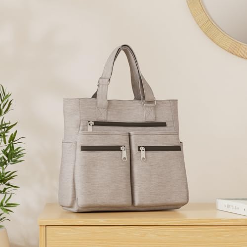 VOLGANIK ROCK Canvas Tote Bag Waterproof Nylon Multi Pocket Shoulder Bags Laptop Work Bag Teacher Purse Handbag for Women Men - color: Grey 2