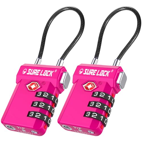SURE LOCK TSA Approved Luggage Locks with Open Alert Indicator, 3 Digit Combination Cable Travel Lock for Suitcase, Backpack, Gym Locker, Toolbox, Carry On & Travel Bag - color: ROSE RED 2 PACK