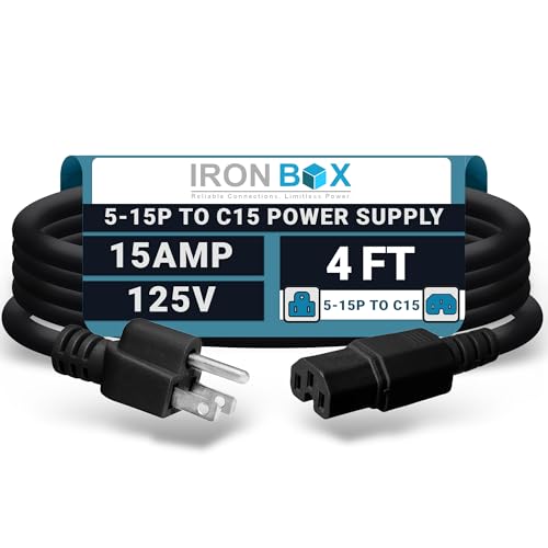 IronBox Electric - Heavy-Duty 5-15P to C15 Power Supply Cable - 15A 125V, 14/3 SJT Cord - Male End 5-15 Plug/Female End C15 Connector - UL Listed PC Power Cord - (Black,4 Foot) - color: Black, size: 4 ft