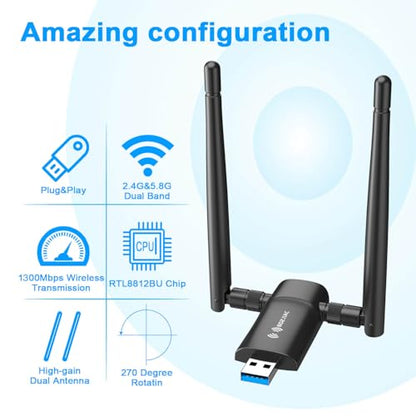 Nineplus Wireless USB WiFi Adapter for PC - 1300Mbps Dual 5Dbi Antennas 5G/2.4G WiFi Adapter for Desktop PC Laptop Windows11/10/7, Wireless Adapters for Desktop Computer Network Adapters