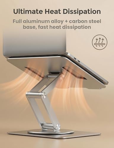 Laptop Stand, Dual-Axis Height Adjustable Ergonomic 360° Swivel | Anti-wobble carbon steel base, aluminum arm, 9.8" sit-to-stand height, hollow cooling panel, fits 10-17" MacBook & notebooks