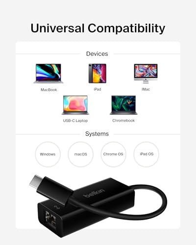 Belkin USB-C to Ethernet Adapter, Gigabit Ethernet Port Compatible w/ USB-C Devices, USB-C to Ethernet Cable for MacBook Pro & Dell XPS 13” Laptops, Ethernet USB-C Hub, Ethernet USB-C Adapter - Black - style: Ethernet Adapter Only