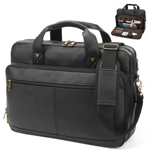 Briefcase for Men Leather Laptop Bag 16 Inch Messenger Bag Vintage Crossbody Laptop Computer Bag for Business,Work,Travel - color: Black
