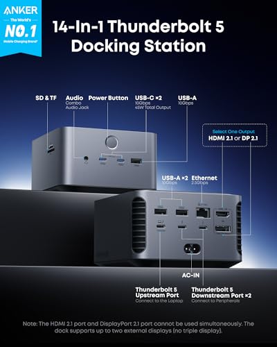Anker Prime TB5 Docking Station, 14-in-1 Thunderbolt 5 Dock for Laptops | 120Gbps Max Data Transfer, Up to 8K, Dual Display, 140W Max Charging, Ethernet, SD/TF, Cooling System, for TBT 5/4 Laptops
