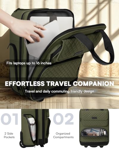 Arcoyard Underseat Carry On Luggage with Wheels, Airline Approved Personal Item Luggage, 16-Inch Multi-functional Underseat Luggage, Lightweight Overnight Suitcase for Women, Bussiness, Travel, Green - color: Green