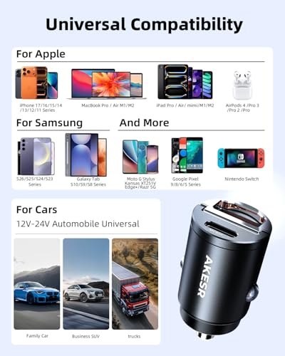 AKESR 65W car Charger，Low Profile car Charger，12V&24V USB C Fast Charging | For iPhone/17/16/15/14/13 Samsung S25 S24 S23Google Android