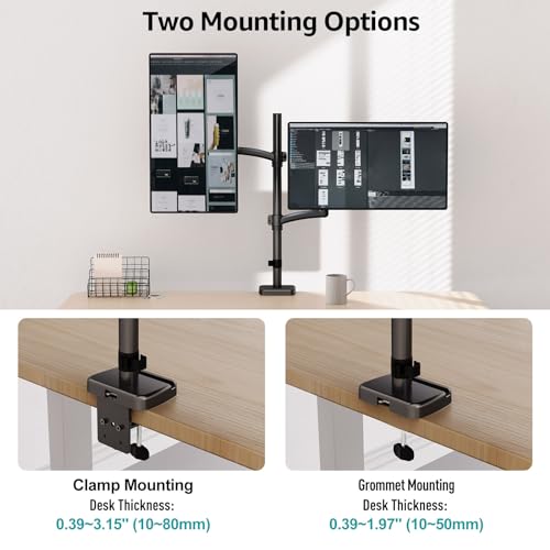 MOUNT PRO Vertical Dual Monitor Mount, Stacked Monitor Stand for 2 Computer Screens up to 32 inches, Full Motion Adjustable Tall Display Desk Mount, Each Arm Holds up to 17.6lbs, VESA Mount - size: Max 32“ Gas Spring
